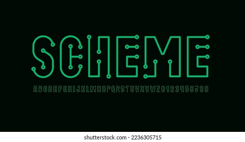 Digital technology font, future techno alphabet, for electrical circuits, gaming, sci-fi and science subjects, made in engineering futuristic style, vector illustration 10EPS