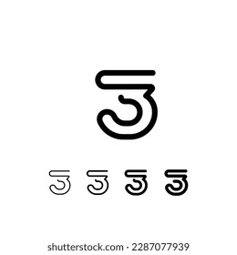 Digital technology font rounded alphabet, including set from five of different thicknesses trendy number 3, modern minimal trendy vector illustration 10EPS