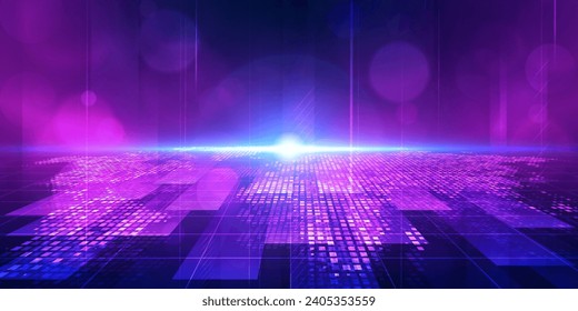Digital technology futuristic Ai big data blue purple background, internet network connection, abstract cyber information communication, science innovation future tech, line dot illustration vector 3d