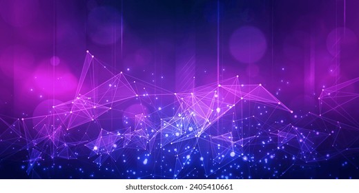 Digital technology futuristic Ai big data blue purple background, internet network connection, abstract cyber information communication, science innovation future tech, line dot illustration vector 3d