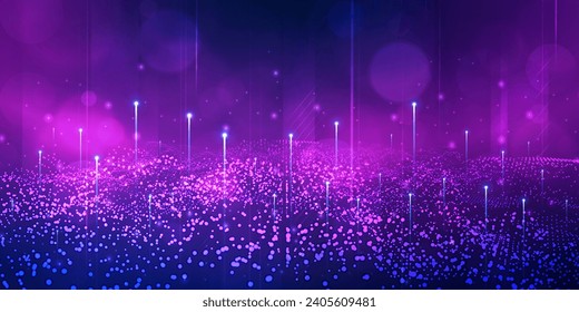 Digital technology futuristic Ai big data blue purple background, internet network connection, abstract cyber information communication, science innovation future tech, line dot illustration vector 3d