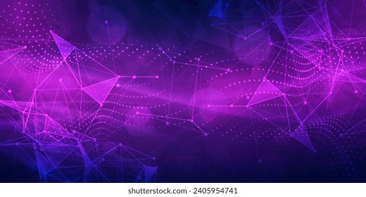 Digital technology futuristic Ai big data blue purple background, internet network connection, abstract cyber information communication, science innovation future tech, line dot illustration vector 3d