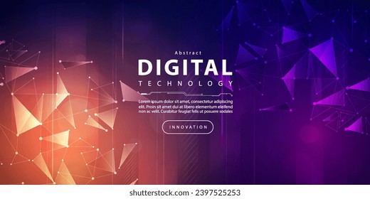 Digital technology futuristic big data orange purple background, cyber nano information, abstract communication, Ai innovation future tech data, internet network speed connection line dot illustration