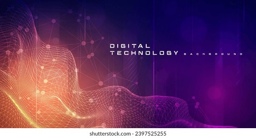 Digital technology futuristic big data orange purple background, cyber nano information, abstract communication, Ai innovation future tech data, internet network speed connection line dot illustration