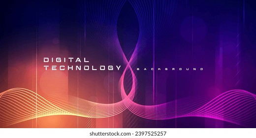 Digital technology futuristic big data orange purple background, cyber nano information, abstract communication, Ai innovation future tech data, internet network speed connection line dot illustration