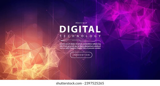 Digital technology futuristic big data orange purple background, cyber nano information, abstract communication, Ai innovation future tech data, internet network speed connection line dot illustration