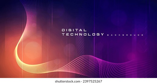 Digital technology futuristic big data orange purple background, cyber nano information, abstract communication, Ai innovation future tech data, internet network speed connection line dot illustration