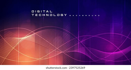 Digital technology futuristic big data orange purple background, cyber nano information, abstract communication, Ai innovation future tech data, internet network speed connection line dot illustration