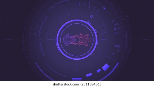 Tecnología digital futurista círculo objetivo interfaz HUD con holograma de la nave espacial en el centro. Ilustración vectorial para su diseño.
