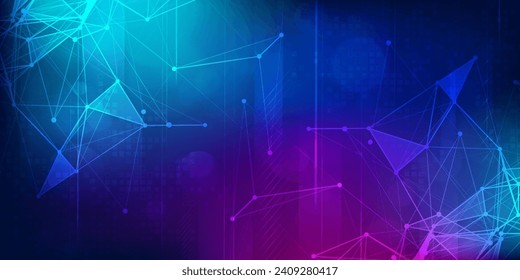 Digital technology futuristic internet network connection blue purple background, abstract cyber information communication, Ai big data science, innovation future tech, line dot illustration vector