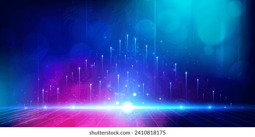 Digital technology futuristic internet network connection blue purple background, abstract cyber information communication, Ai big data science, innovation future tech, line dot illustration vector 3d