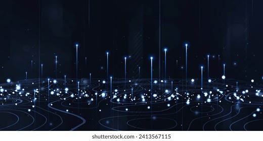 Digital technology futuristic internet network connection dark black background, blue abstract cyber information communication, Ai big data science, innovation future tech, line illustration vector 3d