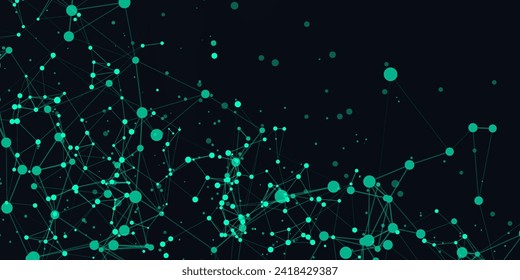 Digital technology futuristic internet network connection dark black background, green abstract cyber information communication, Ai big data science, innovation future tech line illustration vector 3d