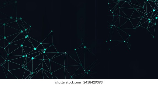 Digital technology futuristic internet network connection dark black background, green abstract cyber information communication, Ai big data science, innovation future tech line illustration vector 3d