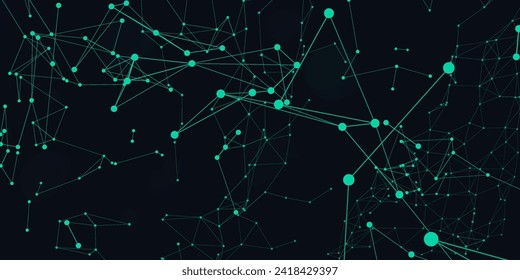 Digital technology futuristic internet network connection dark black background, green abstract cyber information communication, Ai big data science, innovation future tech line illustration vector 3d