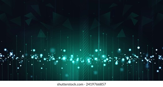 Digital technology futuristic internet network connection dark black background, green abstract cyber information communication, Ai big data science, innovation future tech line illustration vector 3d