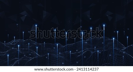 Digital technology futuristic internet network connection dark black background, blue abstract cyber information communication, Ai big data science, innovation future tech, line illustration vector 3d