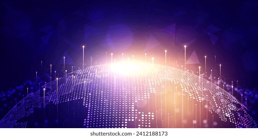 Digital technology global internet network connection blue pink background, cyber information science, abstract speed connect communication, innovation future tech, Ai big data, illustration 3d vector