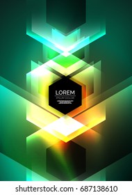 Digital technology glowing arrows, modern geometric abstract background with light effects and place for your message