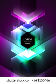 Digital technology glowing arrows, modern geometric abstract background with light effects and place for your message