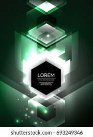 Digital technology glowing arrows, modern geometric abstract background with light effects and place for your message