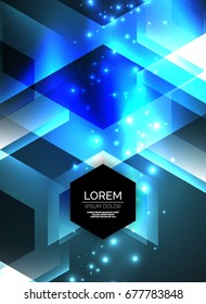 Digital technology glowing blue arrows, modern geometric abstract background with light effects and place for your message