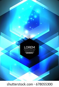 Digital technology glowing blue arrows, modern geometric abstract background with light effects and place for your message