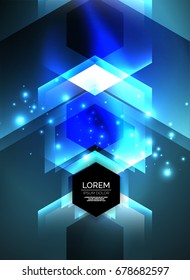 Digital technology glowing blue arrows, modern geometric abstract background with light effects and place for your message