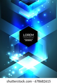 Digital technology glowing blue arrows, modern geometric abstract background with light effects and place for your message