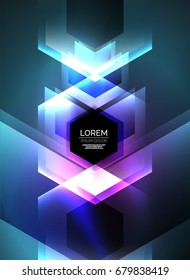 Digital technology glowing blue arrows, modern geometric abstract background with light effects and place for your message