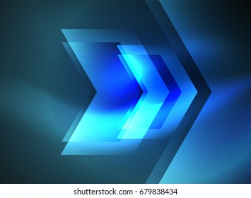 Digital technology glowing blue arrows, modern geometric abstract background with light effects and place for your message