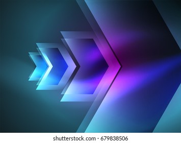 Digital technology glowing blue arrows, modern geometric abstract background with light effects and place for your message