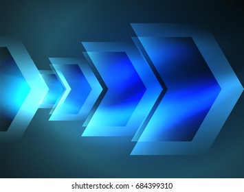 Digital technology glowing blue arrows, modern geometric abstract background with light effects and place for your message