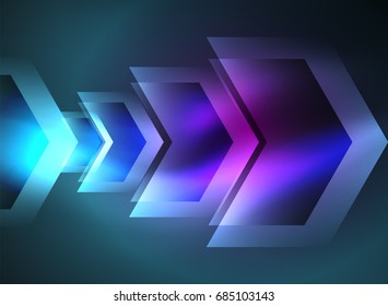 Digital technology glowing blue arrows, modern geometric abstract background with light effects and place for your message