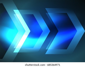 Digital technology glowing blue arrows, modern geometric abstract background with light effects and place for your message