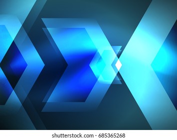 Digital technology glowing blue arrows, modern geometric abstract background with light effects and place for your message
