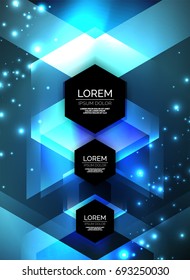 Tecnología digital con flechas azules brillantes, fondo abstracto geométrico moderno con efectos de luz y lugar para el mensaje