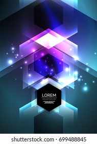 Digital technology glowing blue arrows, modern geometric abstract background with light effects and place for your message