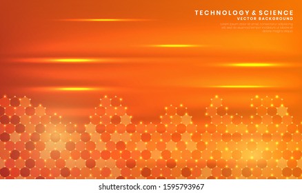 Digital technology graphic elements with rays. Geometric orange and red color abstract background with hexagonal. Template design for science, technology or medicine. Vector illustration