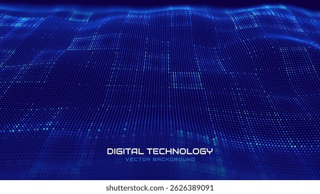 Digital Technology Grid with Dynamic 3D Flow Effect. Abstract Background for AI Systems, Blockchain Networks, Cybersecurity, and Data Visualization. Vector Illustration.