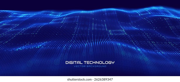 Grade de tecnologia digital com efeito de fluxo 3D dinâmico. Resumo dos sistemas de IA, redes de cadeia de blocos, segurança cibernética e visualização de dados. Ilustração de vetor.