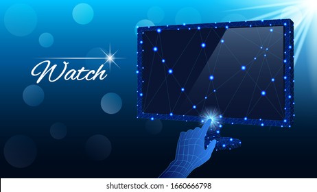 Digital Technology. Hand finger presses the button on the monitor. Low Poly Design on Dark Blue Background.