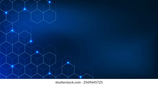 Digital technology with hexagon geometric pattern on dark blue background with gradient texture. Blue color creates a modern and futuristic look. Vector illustration