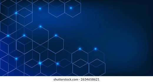 Digital technology with hexagon geometric pattern on dark blue background with gradient texture. Blue color creates a modern and futuristic look. Vector illustration