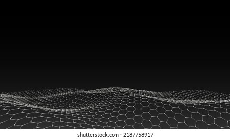 Digital technology hexagon wave. Dark cyberspace with white motion dots and lines. Vector futuristic digital background. Big data analytics.