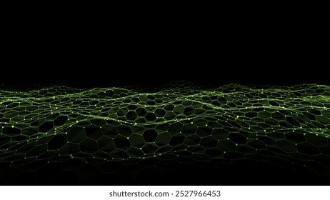 Onda hexagonal de tecnología digital. Ciberespacio oscuro con puntos y líneas de movimiento verdes. Fondo digital futurista de Vector. Análisis de Big Data.