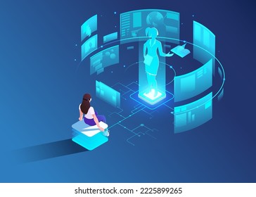 Digital technology hologram of girl student in VR. Woman study augmented metavesre. Female character explore interface virtual reality. Modern online school 3d isometric concept. Vector illustration