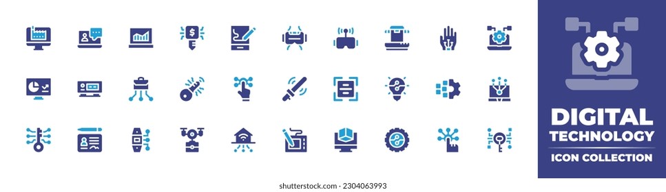 Digital technology icon collection. Duotone color. Vector illustration. Containing factory, laptop, key, drawing, vr glasses, vr gaming, scanner, hand, digital, augmented, digital.