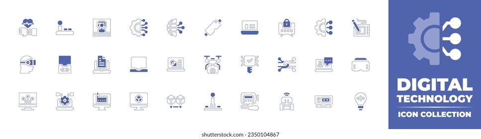 Digital technology icon collection. Duotone style line stroke and bold. Vector illustration. Containing wearable technology, joystick, streaming, connection, digitalization, glasses, laptop, and more.