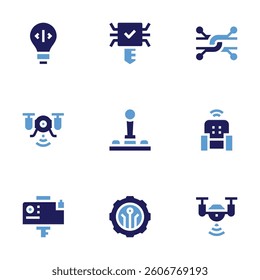 Digital technology icon set. Bold style. Duotone colors. digital camera, technology, armchair, drone, camera drone, joystick, digital key, idea.